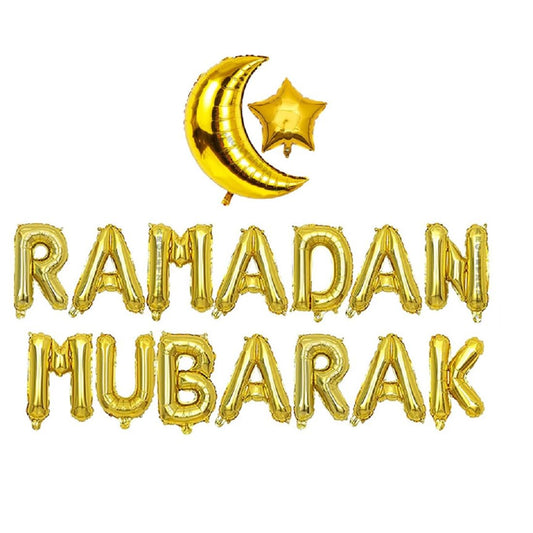 "Ramadan Mubarak" Letter Foil Balloon Decoration Kit with Moon and Star Foil Ballon 3 pcs