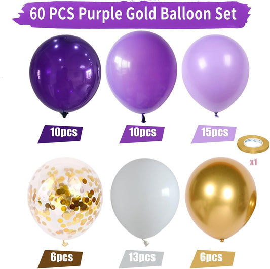 60 Pcs Metallic Gold Purple Confetti Balloons for Wedding & Birthday Party