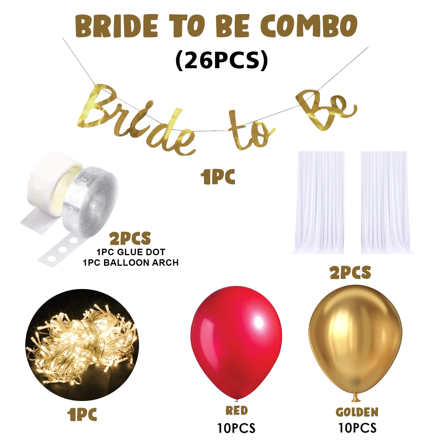 26-Piece Golden Red Bridal Shower Decoration Kit with Net Curtains & LED Lights