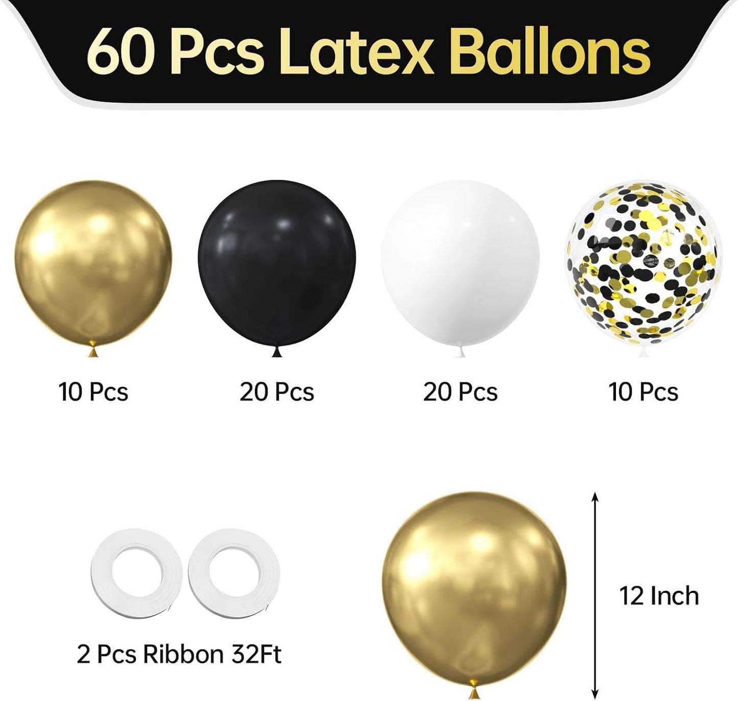60pcs Metallic Gold Black White Confetti Balloons for Wedding & Birthday