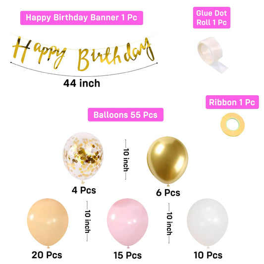 Peach & Pink Birthday Decoration Kit with Golden Accents - 58 Pcs Pack