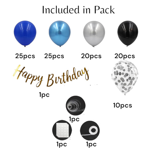 104Pcs Blue Black Silver Birthday Decorations Kit