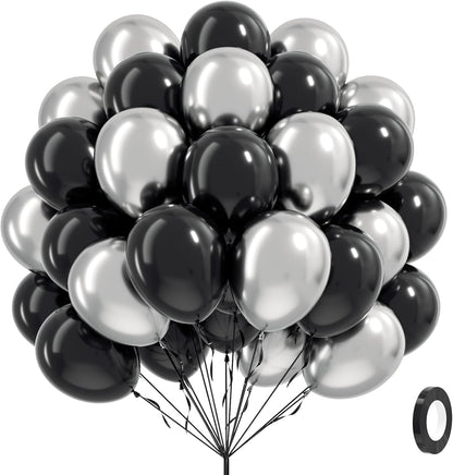 Metallic Silver Black Balloons 60 Pack - Premium Foil Balloon Set for Wedding & Birthday Party