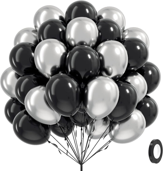 Metallic Silver Black Balloons 60 Pack - Premium Foil Balloon Set for Wedding & Birthday Party