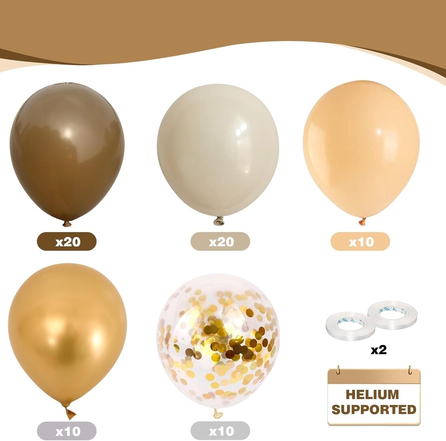 60pcs Metallic Gold Brown and White Confetti Balloons for Wedding & Birthday