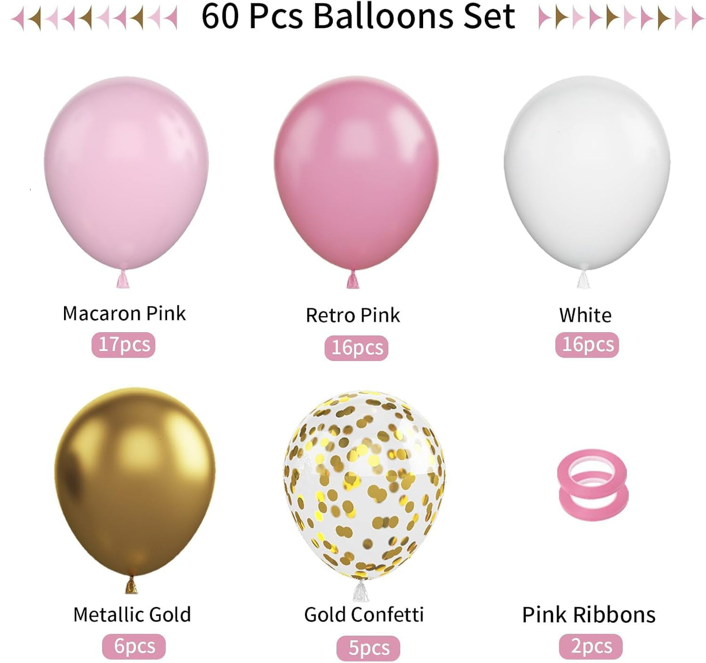 60pcs Metallic Gold Pink White Confetti Balloons for Wedding & Birthday