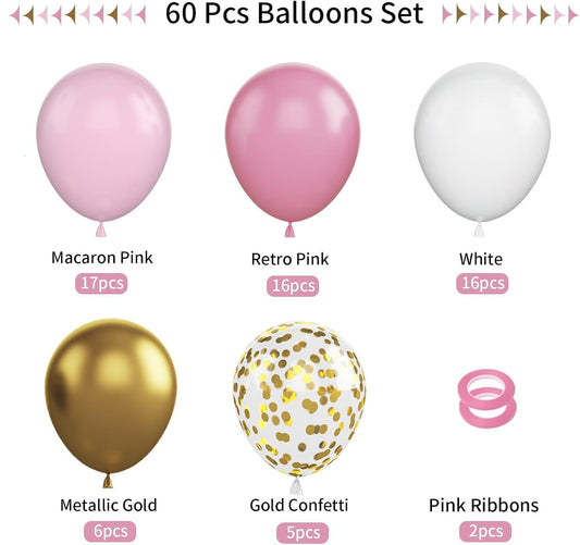 60pcs Metallic Gold Pink White Confetti Balloons for Wedding & Birthday
