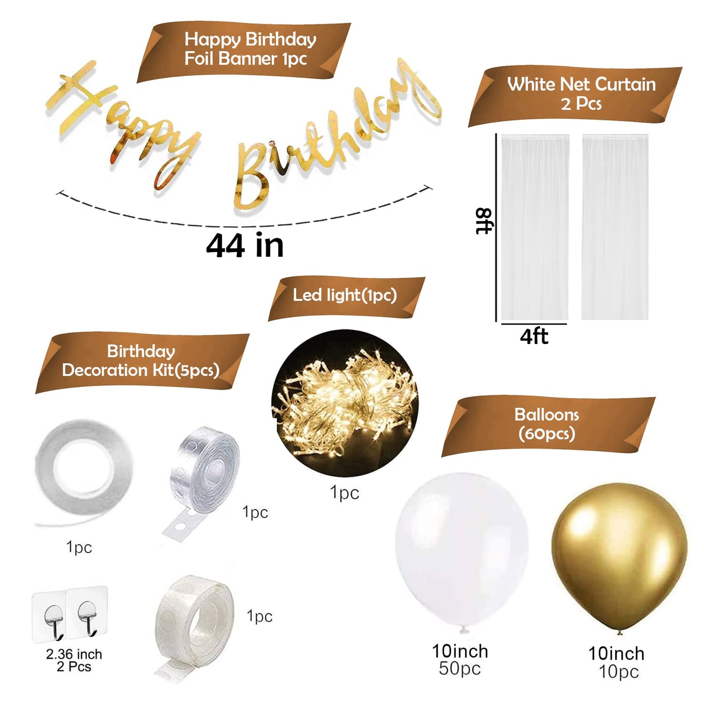 Elegant White & Gold 69-Piece Birthday Decoration Kit with Net Curtains