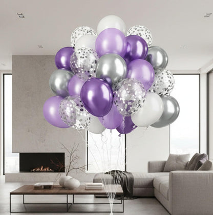 60 Pcs Metallic Purple Silver White Confetti Balloons for Wedding & Birthday Party