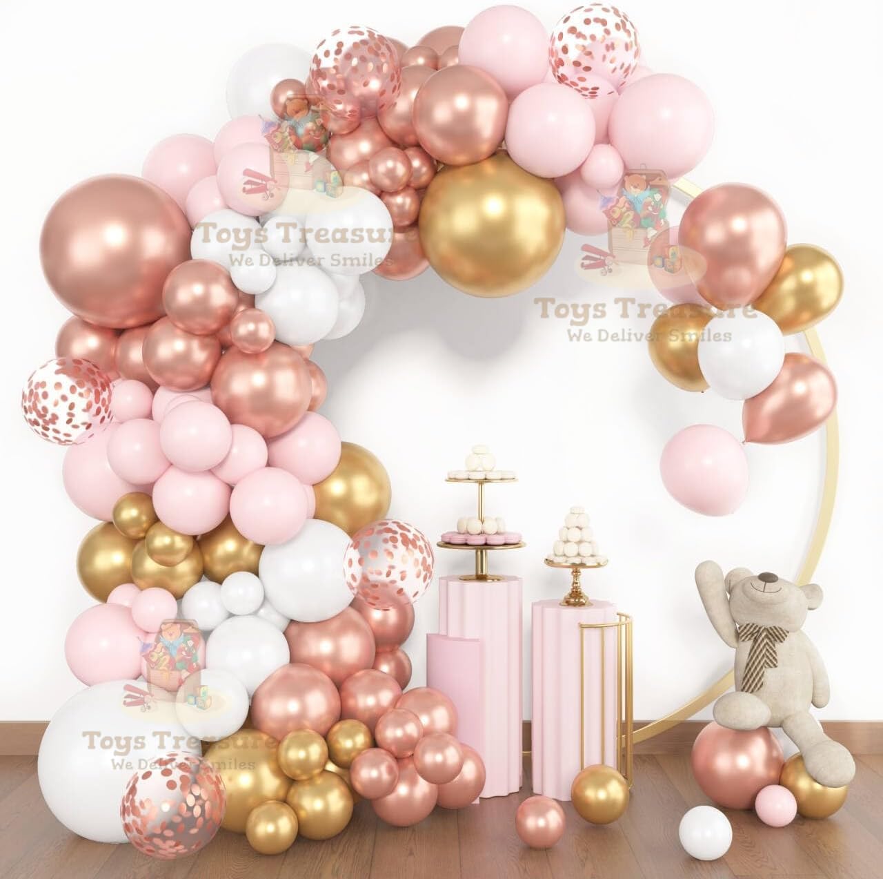 Pink White Gold Latex Metallic Confetti Balloons kit - 153 Pcs Pack
