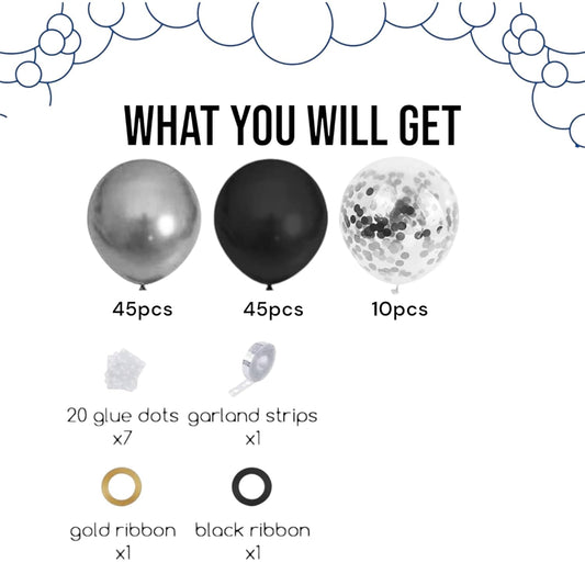 Black Silver Balloon Garland Kit 110 Pcs - Complete Party Decoration Set