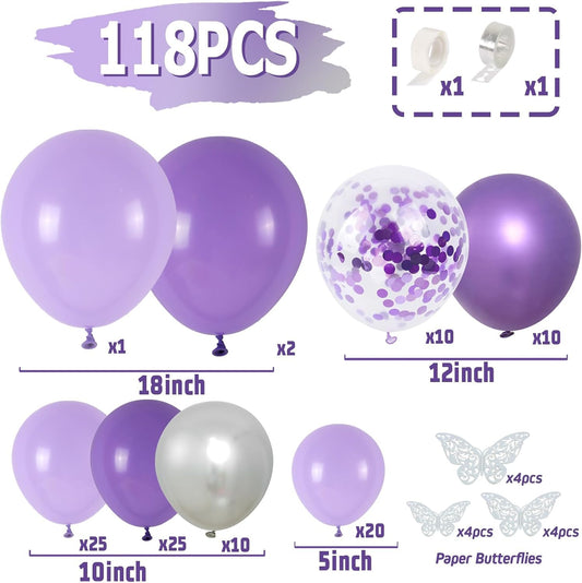 Magical Purple Butterfly Balloon Arch Kit with Shimmering Silver Confetti for Girls