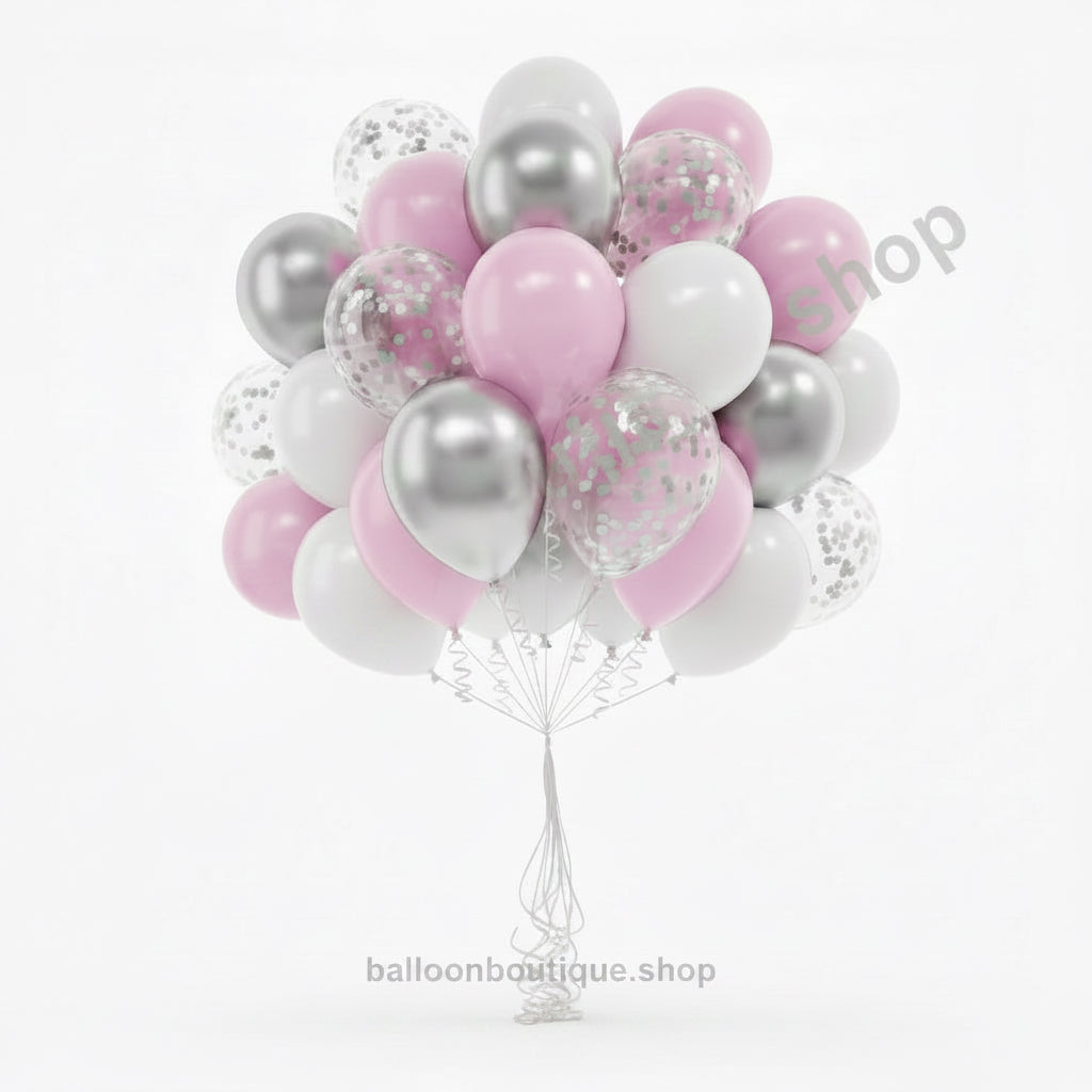 Pastel Pink, White, Silver Chrome And Confetti Balloons 60 Pcs Pack