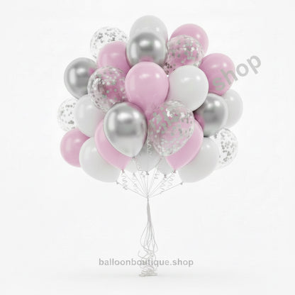 Pastel Pink, White, Silver Chrome And Confetti Balloons 60 Pcs Pack