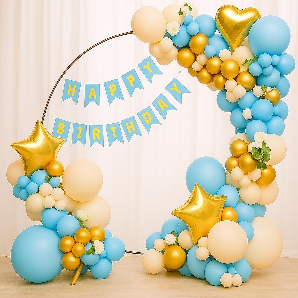Luxurious 49-Piece Blue White Gold Birthday Balloon Arch Banner Decoration Kit