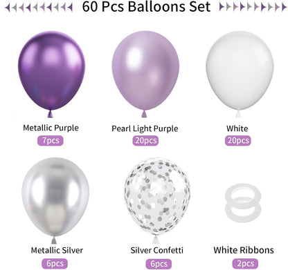 60 Pcs Metallic Purple Silver White Confetti Balloons for Wedding & Birthday Party