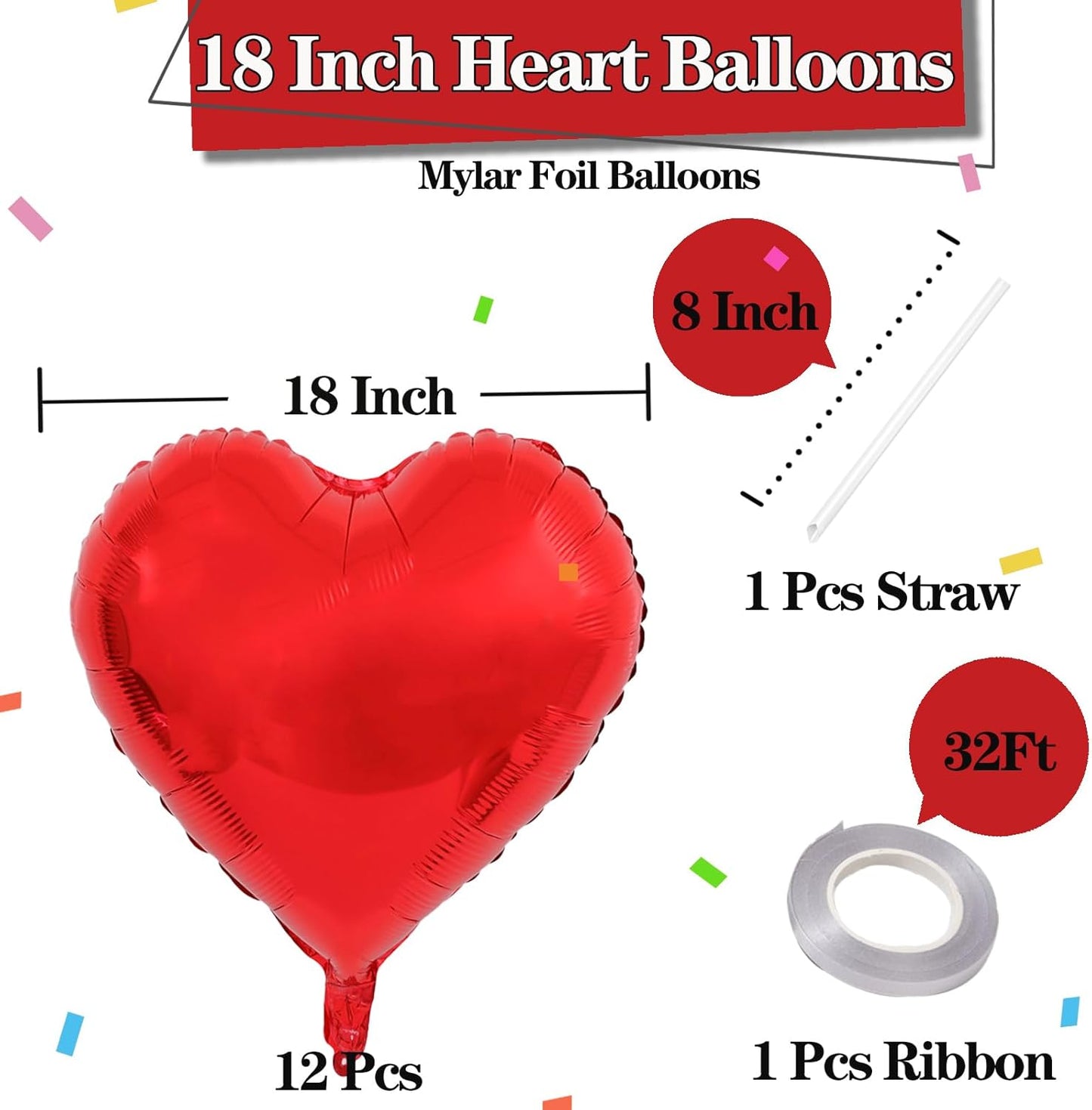 Heart Balloons, 12 Pcs Heart Shaped Foil Balloons for Valentines Day