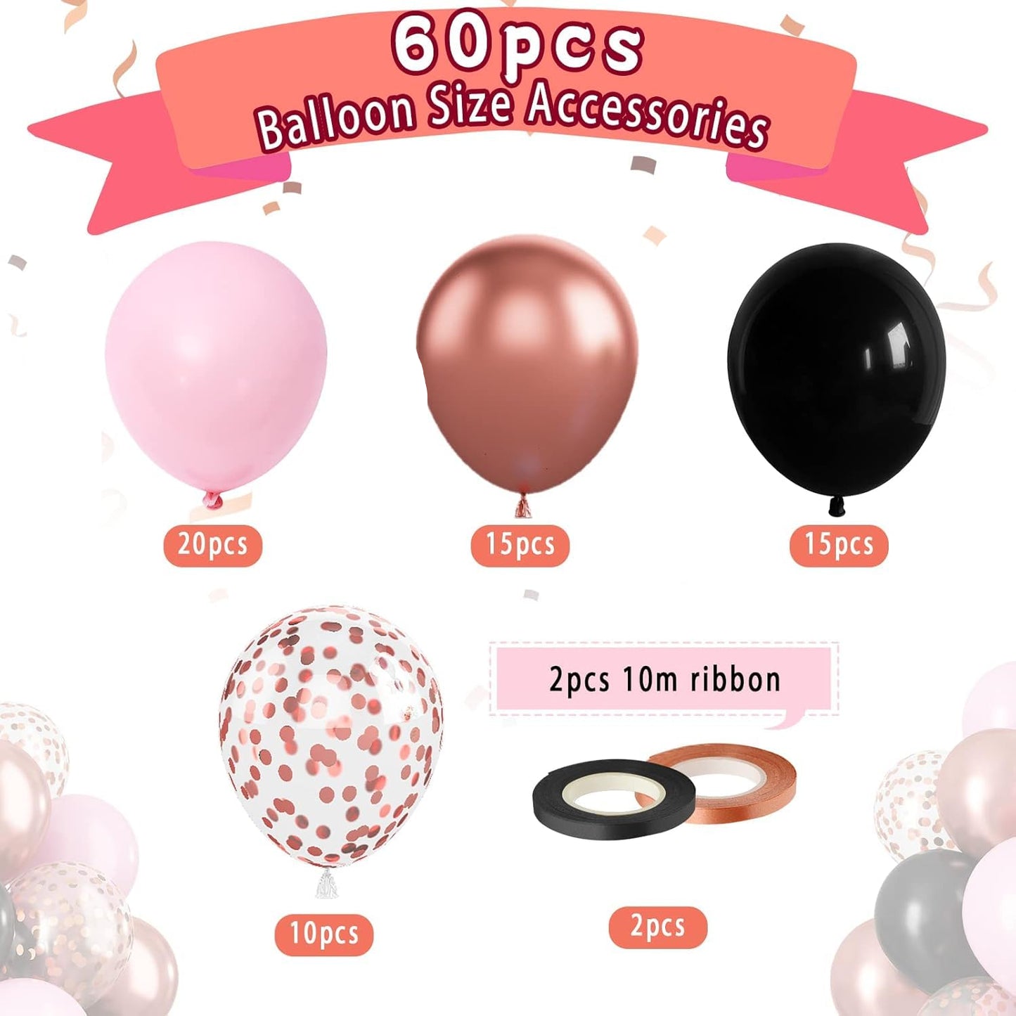 Rose Gold Pink Black Confetti Balloons 60 Pcs - Metallic Party Decorations for Wedding & Birthday Party