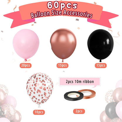 Rose Gold Pink Black Confetti Balloons 60 Pcs - Metallic Party Decorations for Wedding & Birthday Party