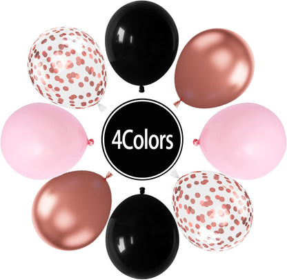 Rose Gold Pink Black Confetti Balloons 60 Pcs - Metallic Party Decorations for Wedding & Birthday Party