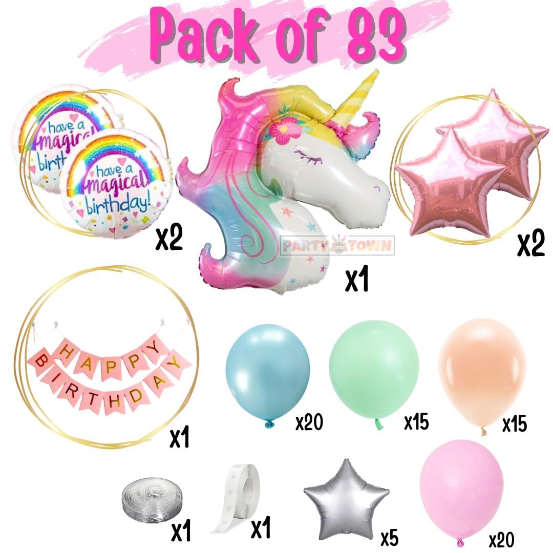 Party Town 83-Piece Unicorn Balloon Arch Kit: Helium Foil & Pastel Birthday Decorations