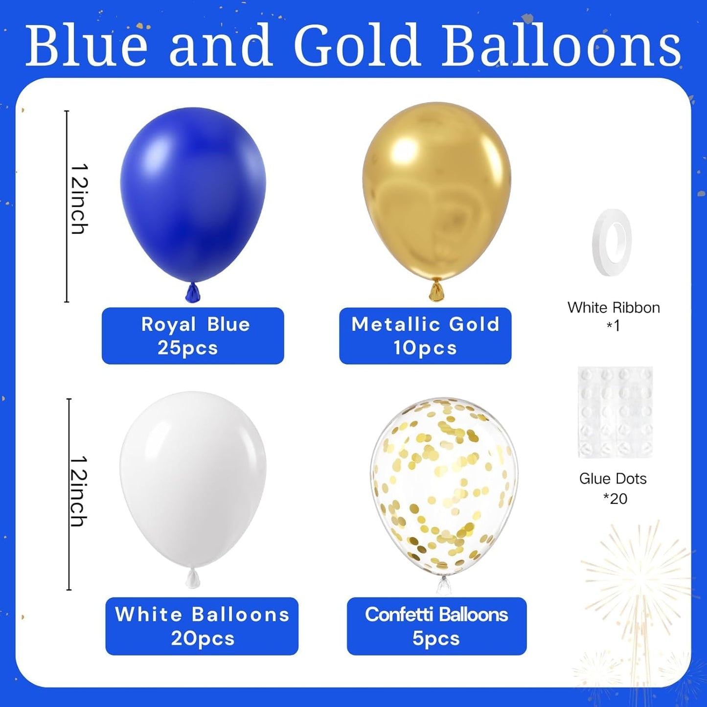 60pcs Metallic Gold Blue White Confetti Balloons for Wedding & Birthday