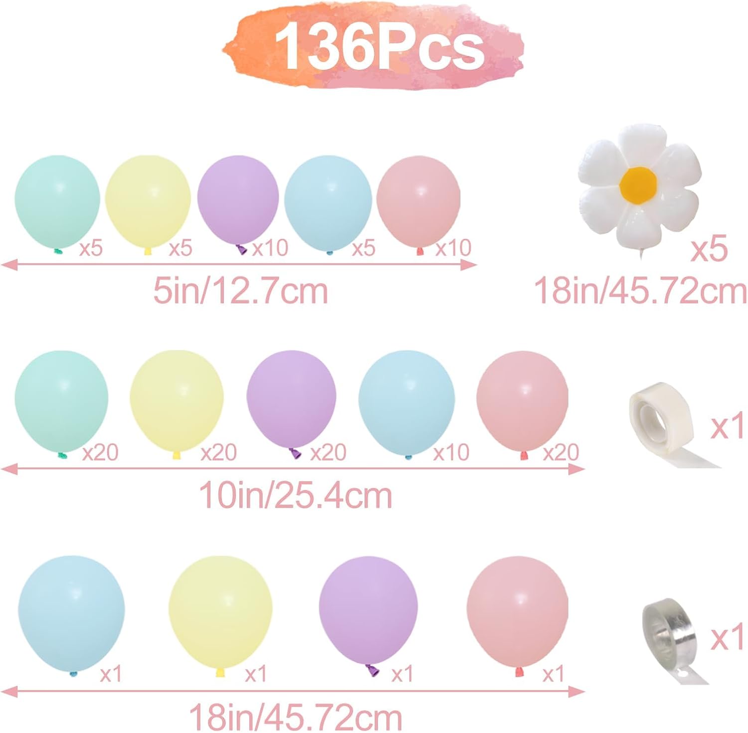 136-Piece Daisy Pastel Rainbow Balloon Arch Kit for Parties & Weddings