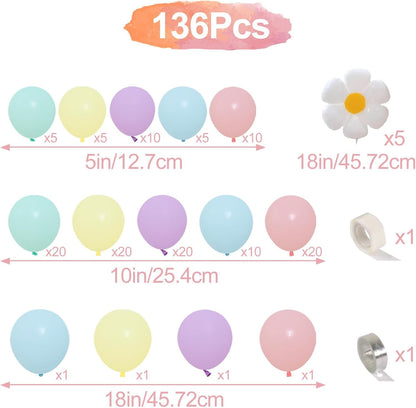 136-Piece Daisy Pastel Rainbow Balloon Arch Kit for Parties & Weddings