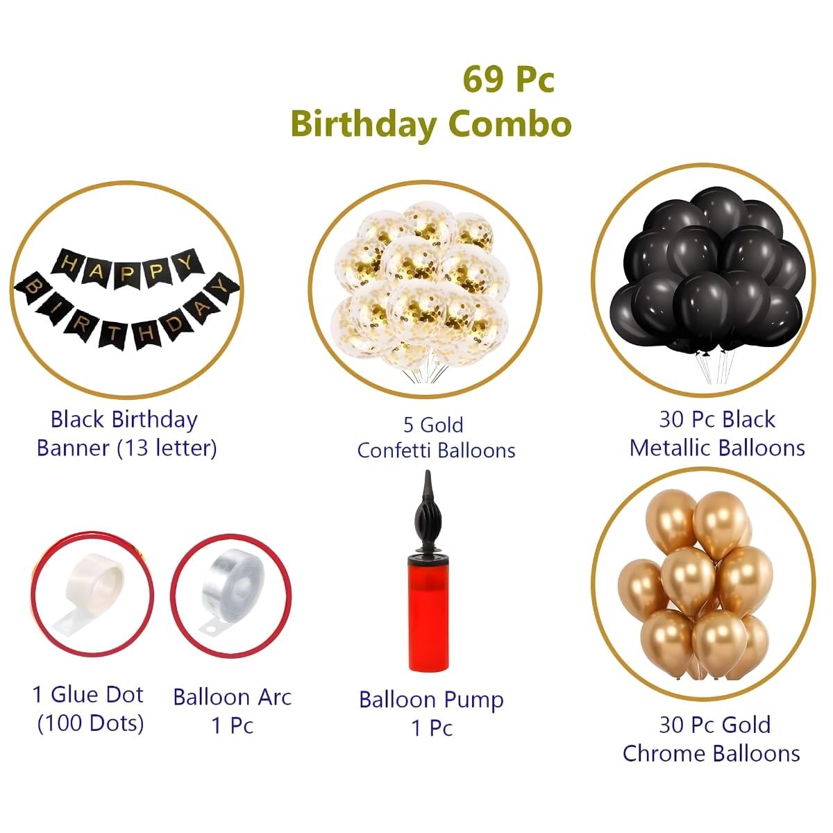 Luxury Black & Gold Birthday Decoration Kit – Set of 69 Pcs