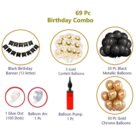 Luxury Black & Gold Birthday Decoration Kit – Set of 69 Pcs