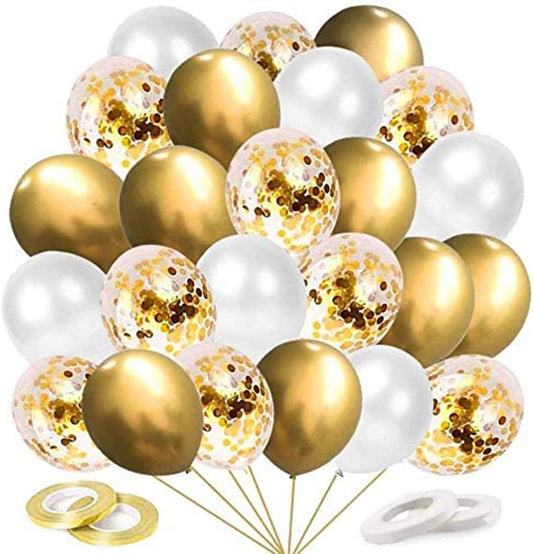 Gold, Confetti & White Balloon Set - 60 Pcs