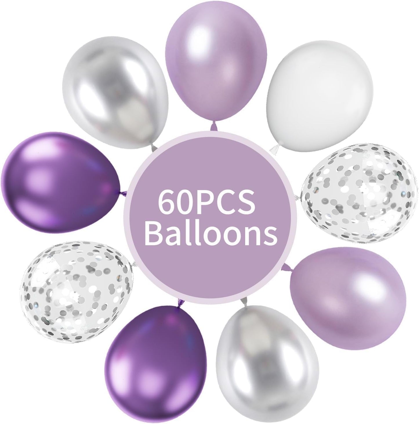 60 Pcs Metallic Purple Silver White Confetti Balloons for Wedding & Birthday Party