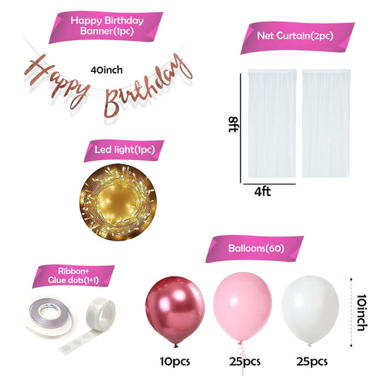 Pink & Rose Gold Balloon | Happy Birthday Decoration Kit – 66 Pcs Combo