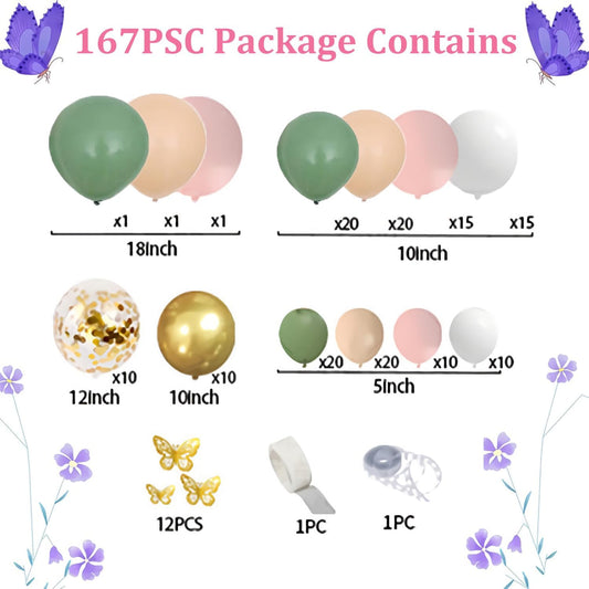 Chic Olive Green Beige Gold Balloon Arch Kit with 3D Butterflies