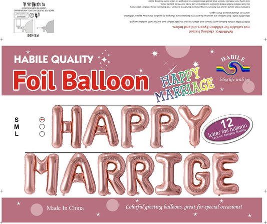 Happy Marriage Foil Balloon Set - 12 Rose Gold Letter