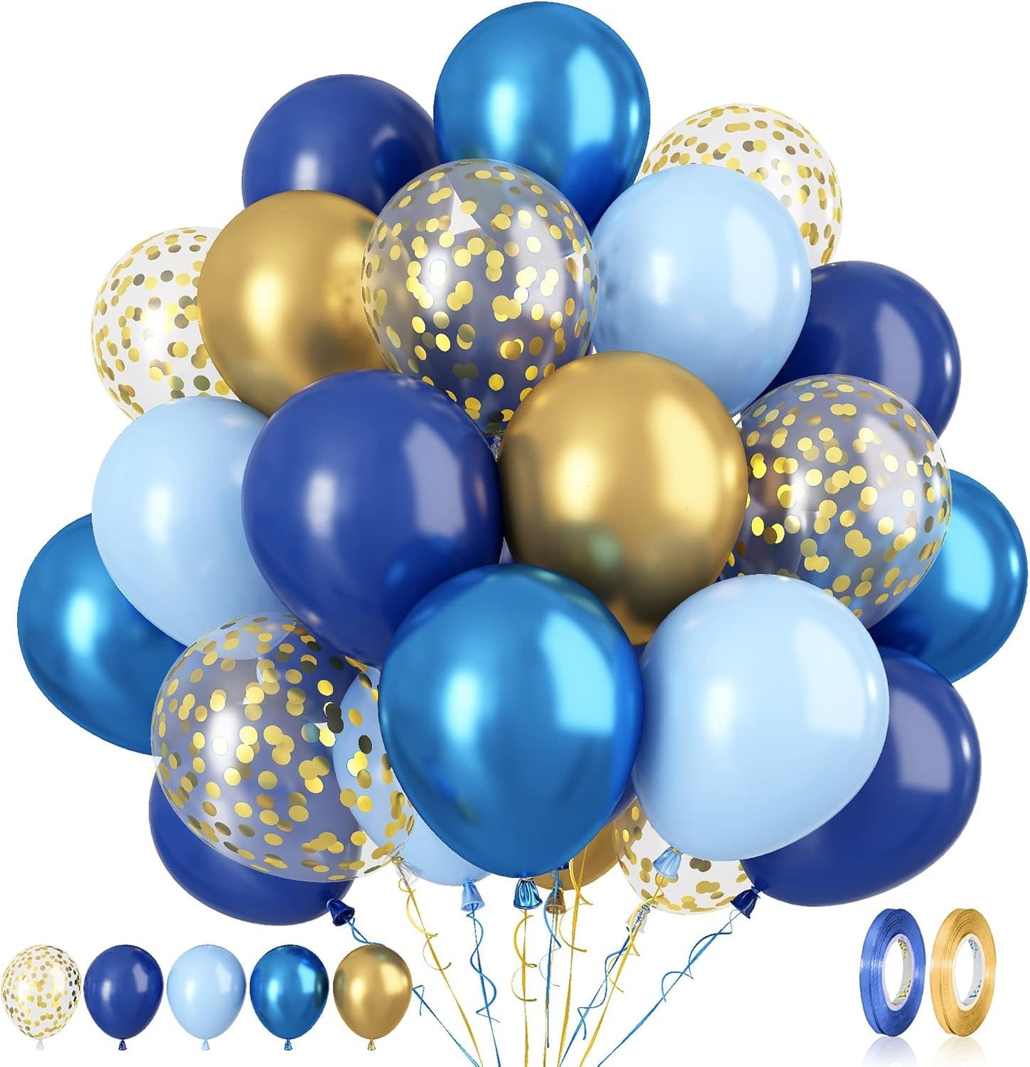 Blue Gold Confetti Balloons - 60 Piece Metallic Set for Birthday