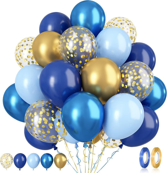 Blue Gold Confetti Balloons - 60 Piece Metallic Set for Birthday
