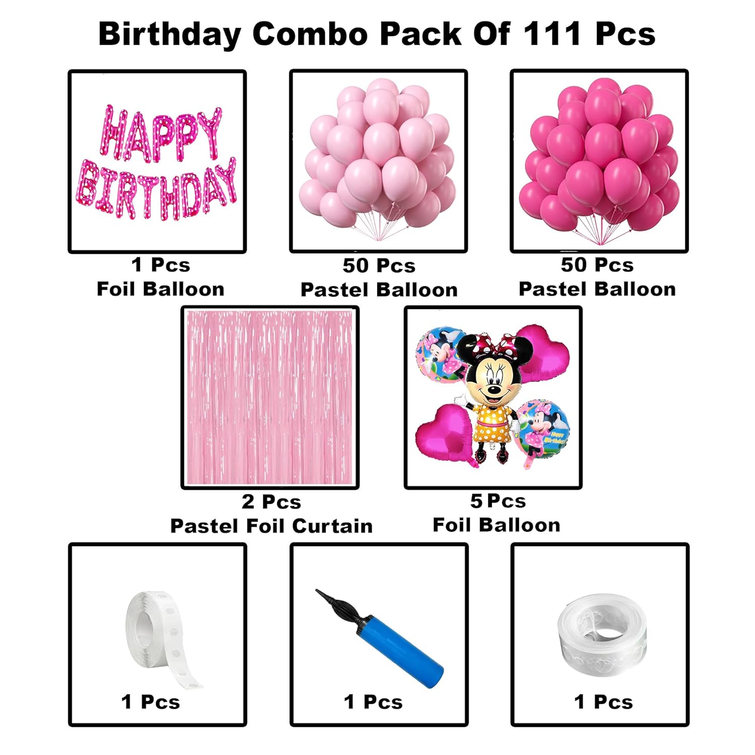 Pink Mouse Theme Happy Birthday Balloon Decoration Kit for Girls, 111 Pcs