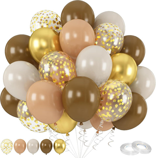 60pcs Metallic Gold Brown and White Confetti Balloons for Wedding & Birthday