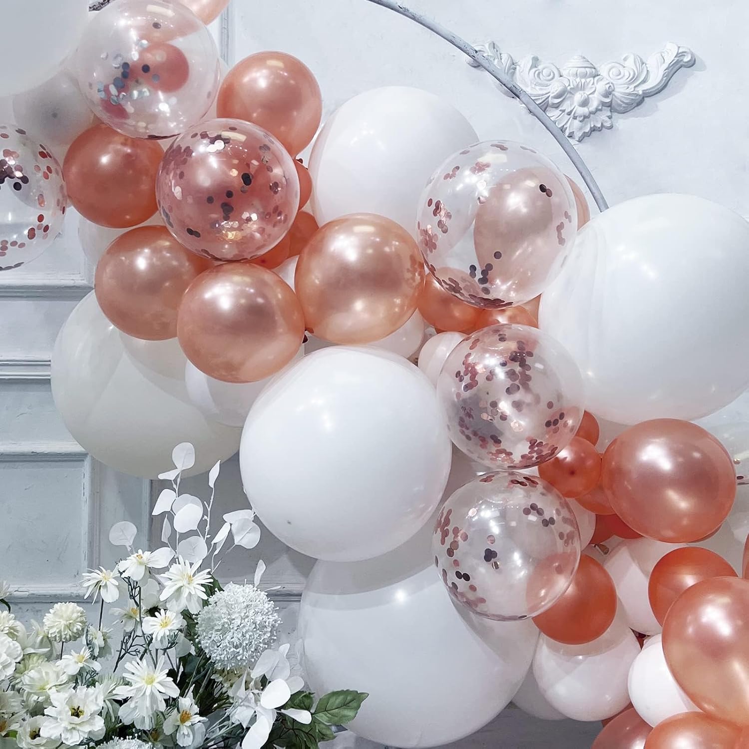 Elegant Rose Gold White Confetti Balloon Arch Kit, 102-Piece Party Garland
