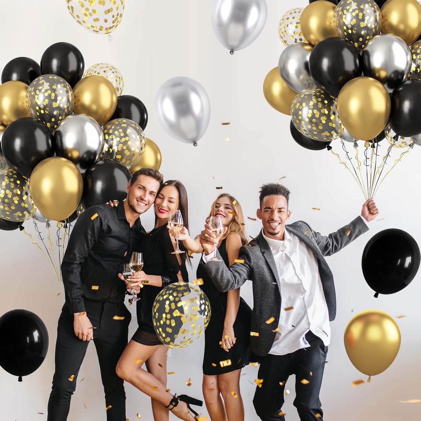 Metallic Confetti Balloons 60 Pack - Gold Silver Black Balloons for Wedding & Birthday Party