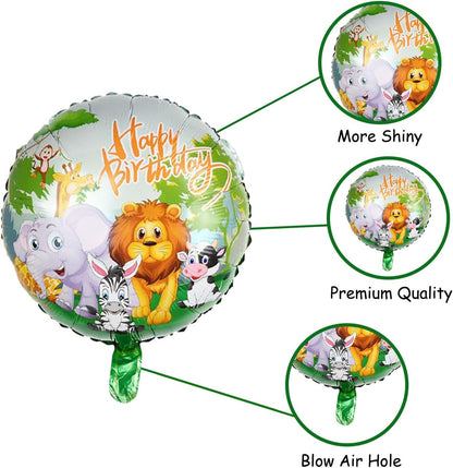 Jungle Safari Happy Birthday Foil Balloon Set - 5 Animal Themed Party Decorations