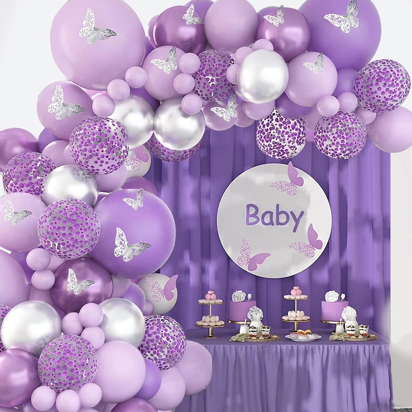 Magical Purple Butterfly Balloon Arch Kit with Shimmering Silver Confetti for Girls