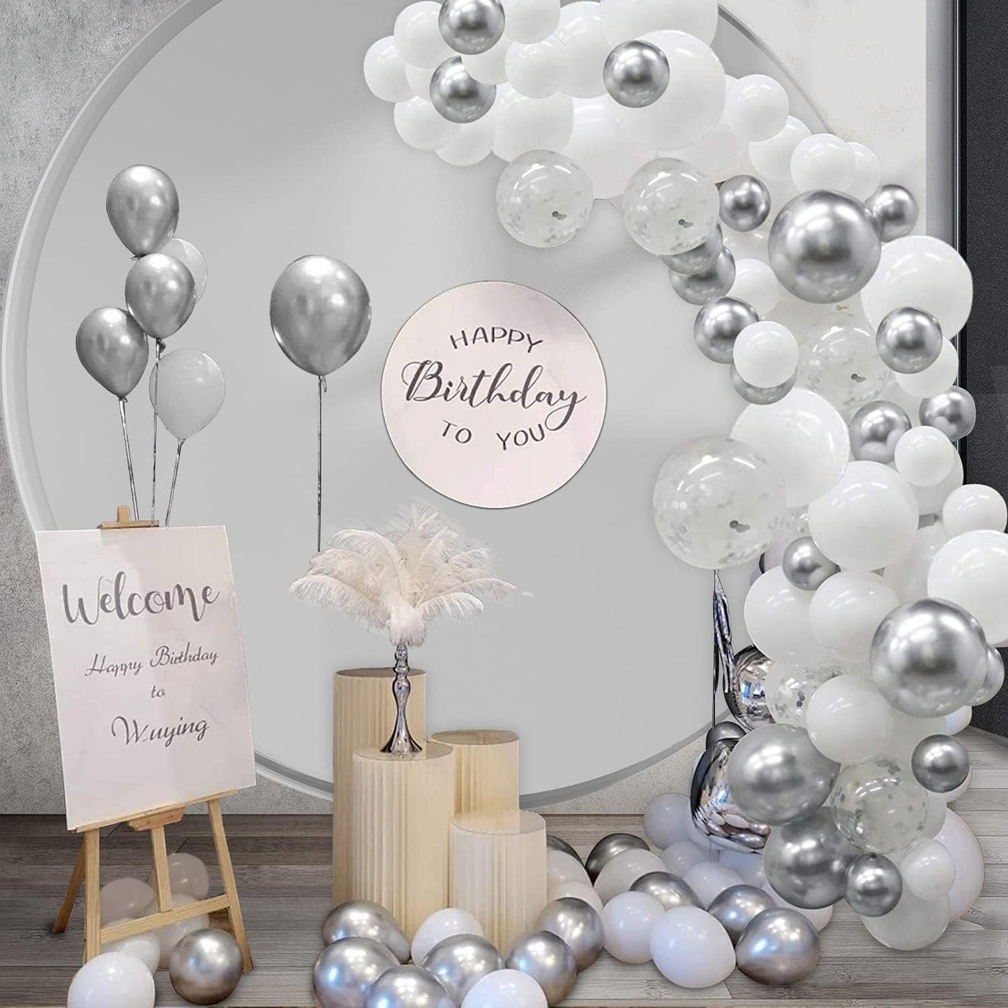 White Silver Balloon Garland Kit - 104 Piece with Confetti Balloons