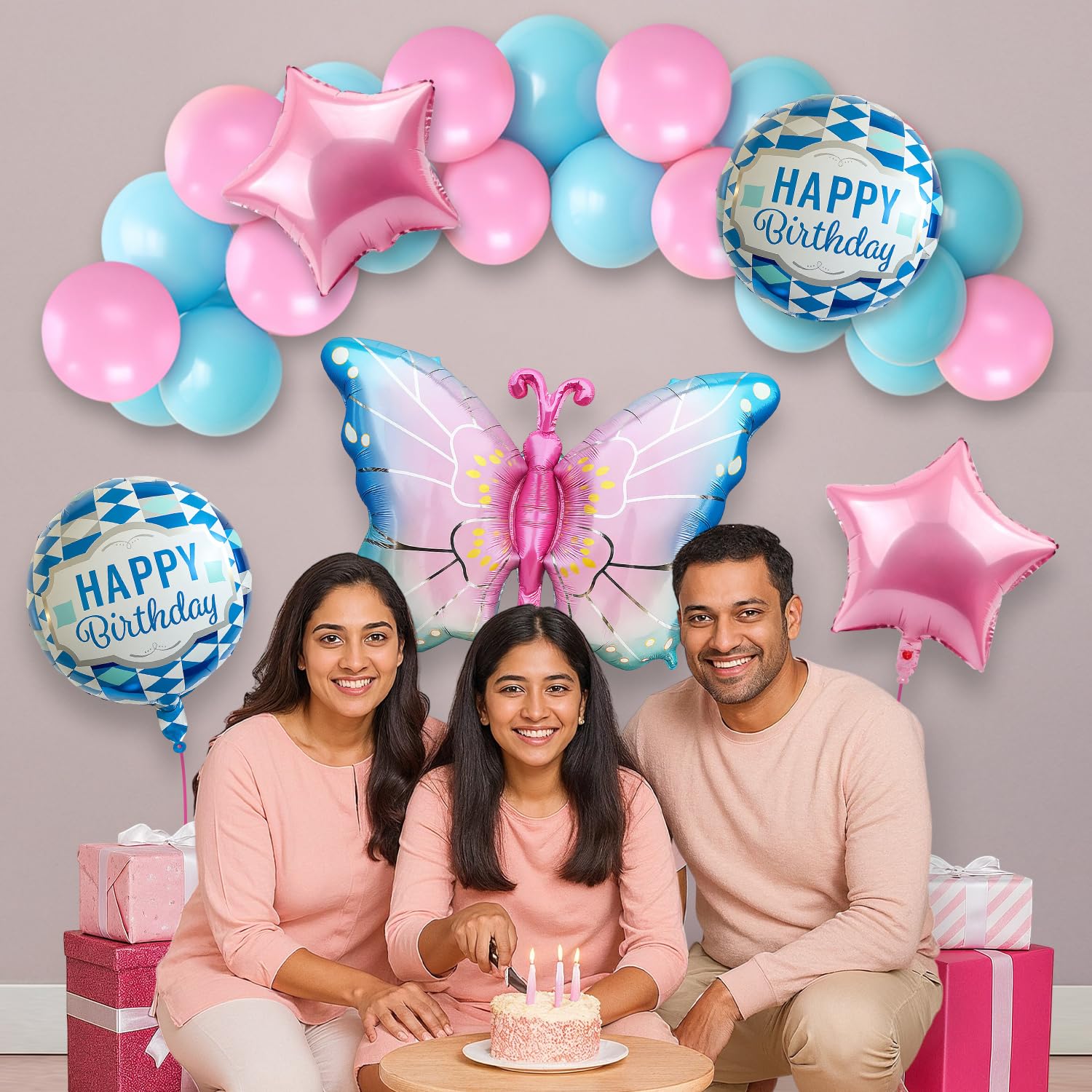 25-Piece Butterfly Theme Birthday Party Decoration Kit - Pink & Blue Balloons