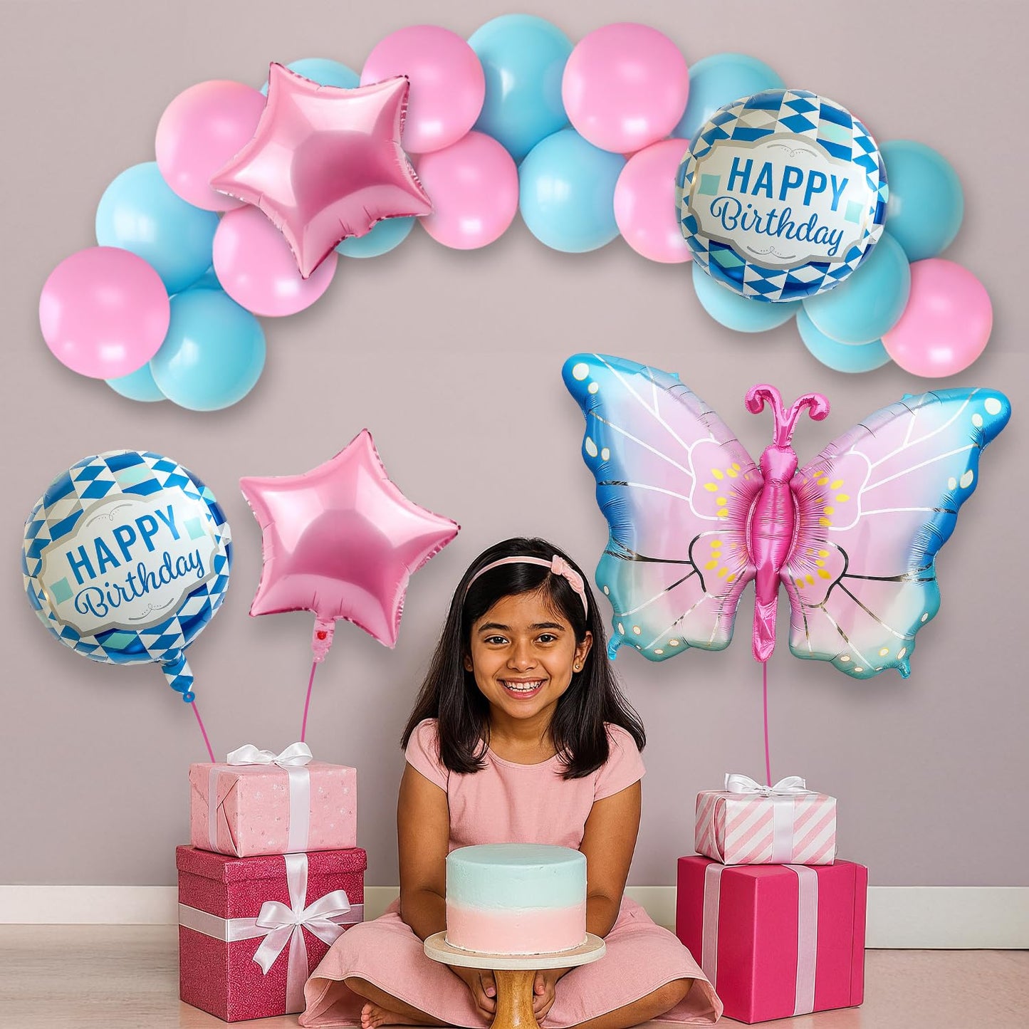 25-Piece Butterfly Theme Birthday Party Decoration Kit - Pink & Blue Balloons