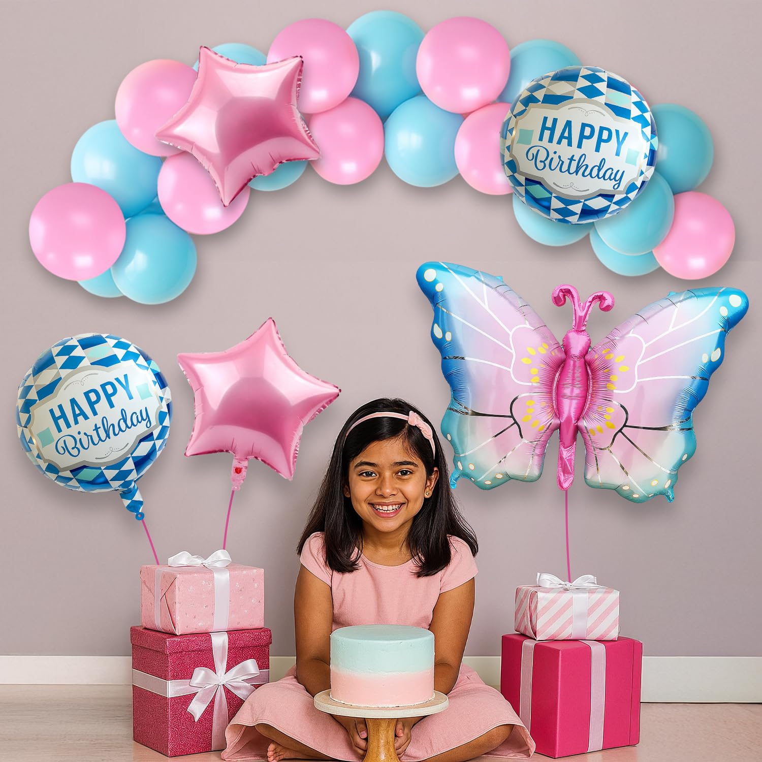 25-Piece Butterfly Theme Birthday Party Decoration Kit - Pink & Blue Balloons