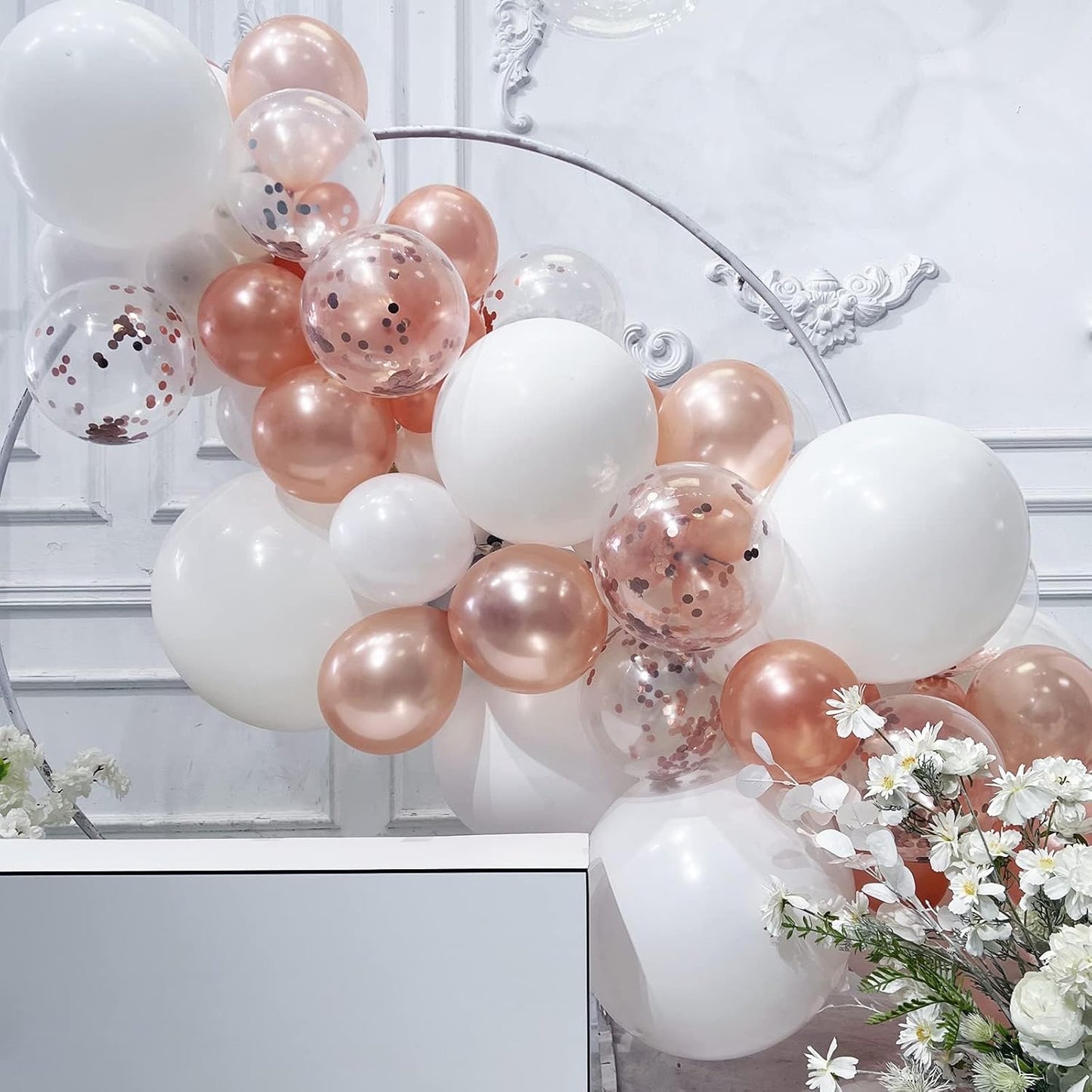 Elegant Rose Gold White Confetti Balloon Arch Kit, 102-Piece Party Garland