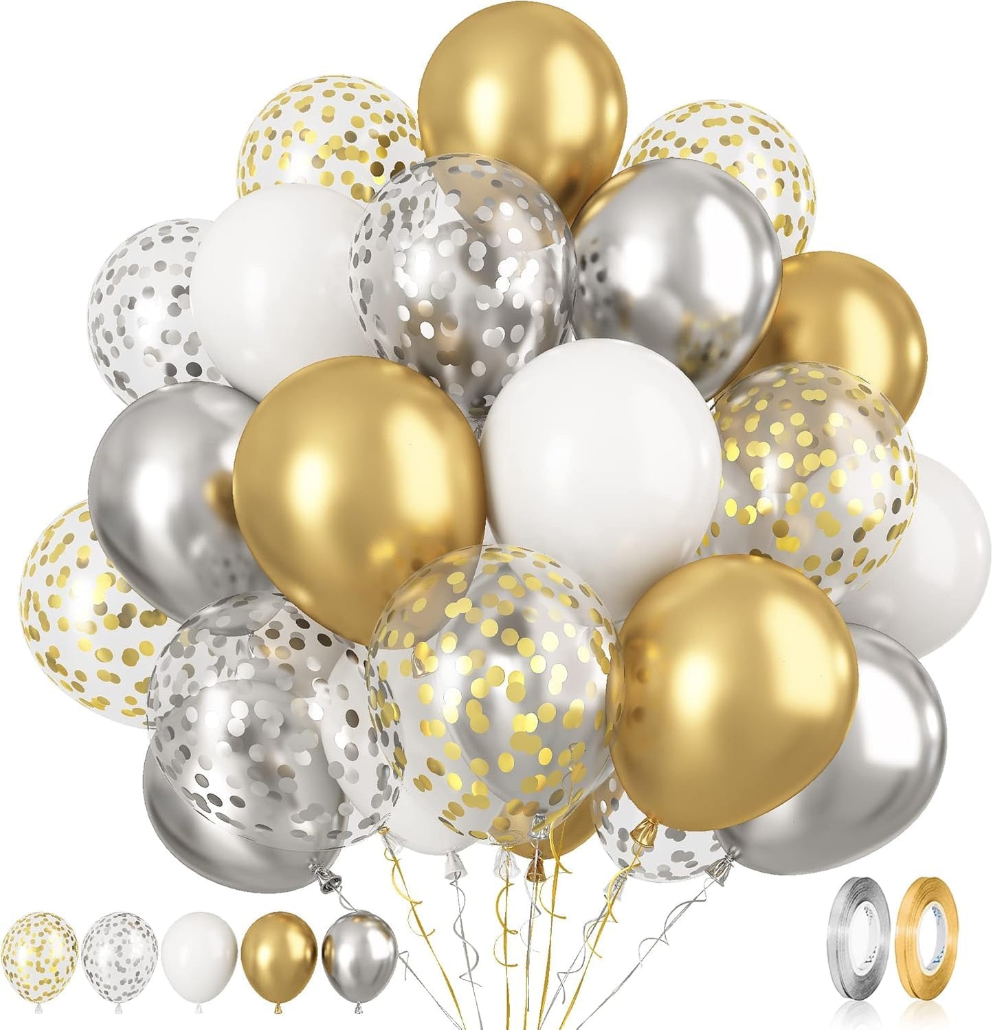 60pcs Metallic Gold Silver White Confetti Balloons - Wedding & Birthday Party