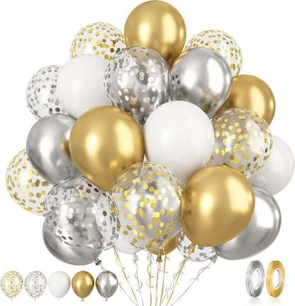 60pcs Metallic Gold Silver White Confetti Balloons - Wedding & Birthday Party